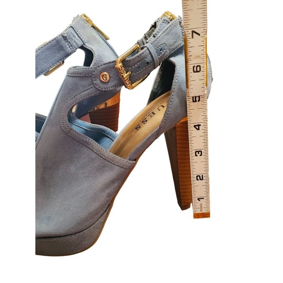 Guess Peep Toe Booties size 8.5 Stacked Heel wood Light Blue Gold Tone buckles - Picture 13 of 14